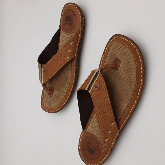 Margaritaville Sandals Leather Flip Flap Mens 11 Brown Casual Vacation Beach Y2k