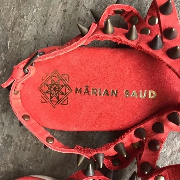 Marian Saud cherry red leather and metal studded ankle-strap gladiator sandals