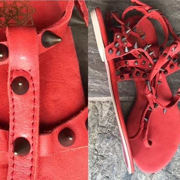Marian Saud cherry red leather and metal studded ankle-strap gladiator sandals