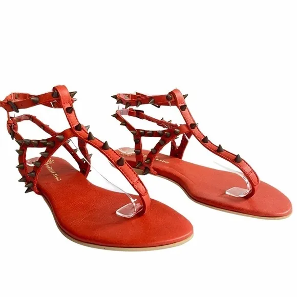 Marian Saud cherry red leather and metal studded ankle-strap gladiator sandals