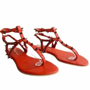 Marian Saud cherry red leather and metal studded ankle-strap gladiator sandals