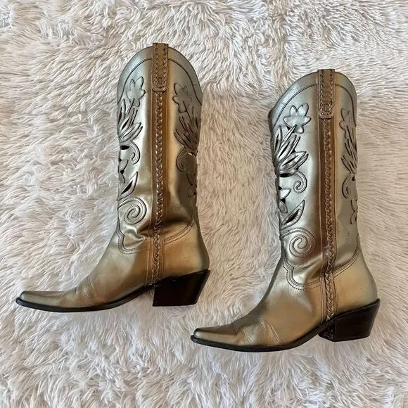 Matisse leather western cowgirl boots bronze gold metallic flowers size 7.5