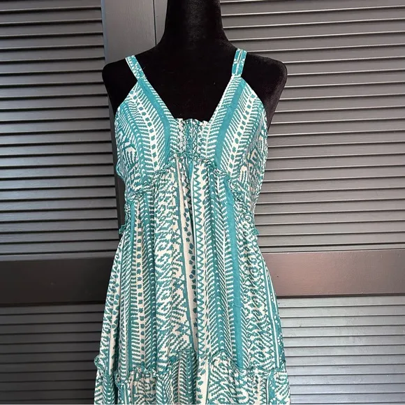 Matta 100% Silk Teal &amp; Oyster Tiered Light Flowy Maxi Dress, White Lotus, Size L