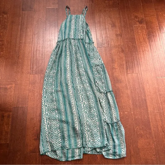 Matta 100% Silk Teal &amp; Oyster Tiered Light Flowy Maxi Dress, White Lotus, Size L