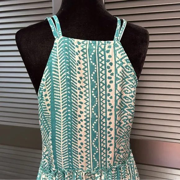 Matta 100% Silk Teal &amp; Oyster Tiered Light Flowy Maxi Dress, White Lotus, Size L