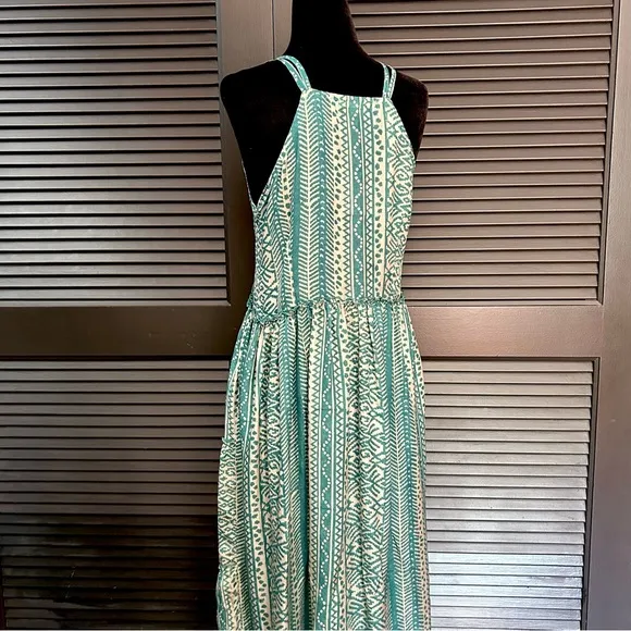 Matta 100% Silk Teal &amp; Oyster Tiered Light Flowy Maxi Dress, White Lotus, Size L