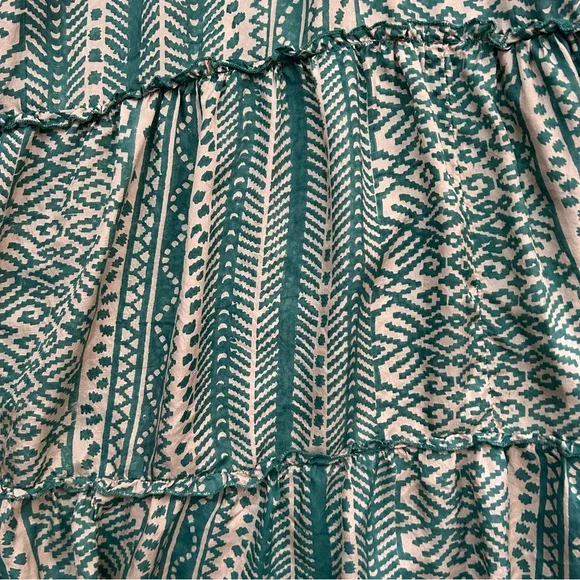 Matta 100% Silk Teal &amp; Oyster Tiered Light Flowy Maxi Dress, White Lotus, Size L