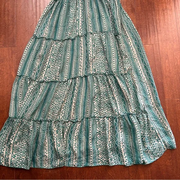 Matta 100% Silk Teal &amp; Oyster Tiered Light Flowy Maxi Dress, White Lotus, Size L