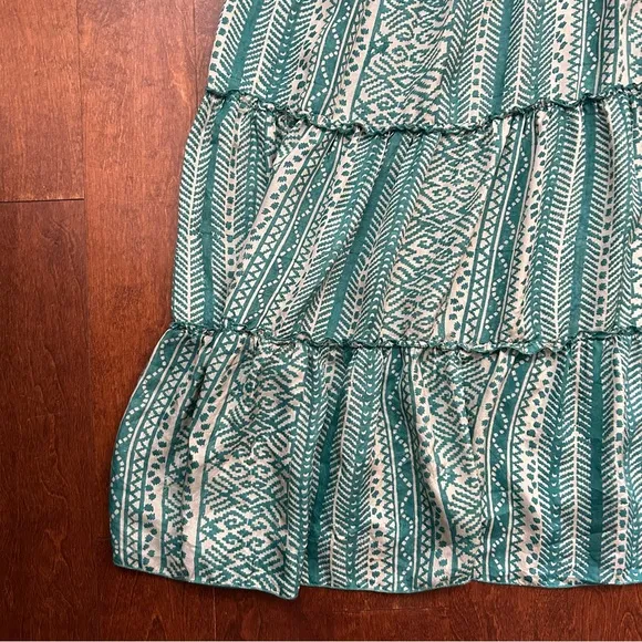 Matta 100% Silk Teal &amp; Oyster Tiered Light Flowy Maxi Dress, White Lotus, Size L
