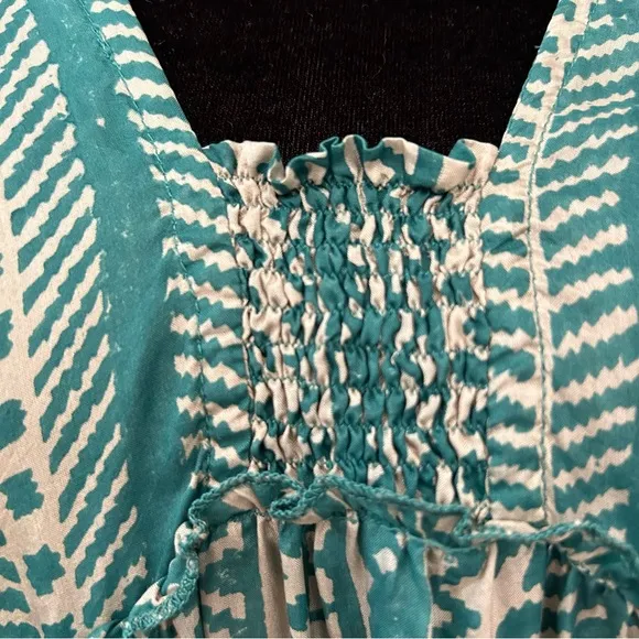 Matta 100% Silk Teal &amp; Oyster Tiered Light Flowy Maxi Dress, White Lotus, Size L