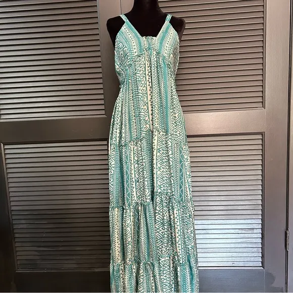 Matta 100% Silk Teal &amp; Oyster Tiered Light Flowy Maxi Dress, White Lotus, Size L