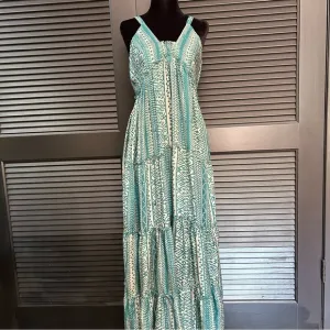 Matta 100% Silk Teal &amp; Oyster Tiered Light Flowy Maxi Dress, White Lotus, Size L