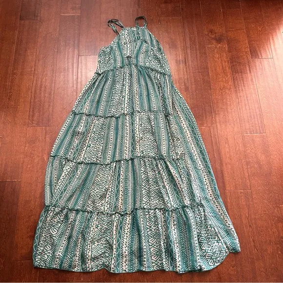 Matta 100% Silk Teal &amp; Oyster Tiered Light Flowy Maxi Dress, White Lotus, Size L