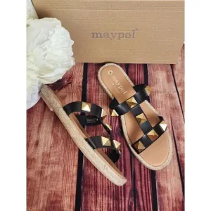MAYPOL Raffia Trim Studded Leather Sandals Size 8