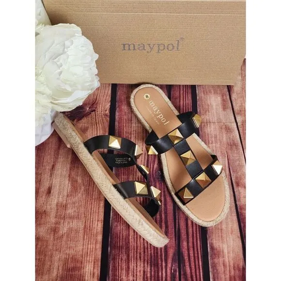 MAYPOL Raffia Trim Studded Leather Sandals Size 8