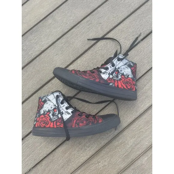 Men's 9.5 Raad Shop Skull and Roses Canvas High Tops Punk Skater Women 11