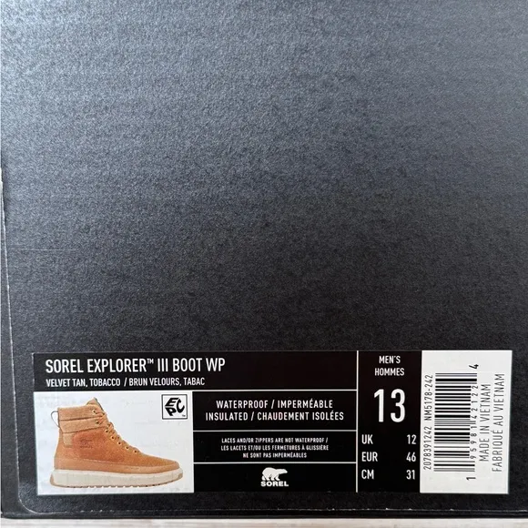 Men’s Sorel Explorer III Waterproof Boots Size 13 “Velvet Tan/Tobacco” Brown