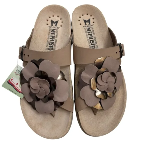 MEPHISTO Helen Tan Gold Floral Women's Thong Sandals SIZE 38 : NWT for $185