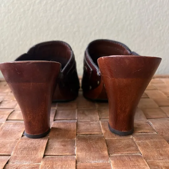 MIA Vintage Braided &amp; Tooled Wood Heeled Leather Studded Clog | Brown | Size 7.5