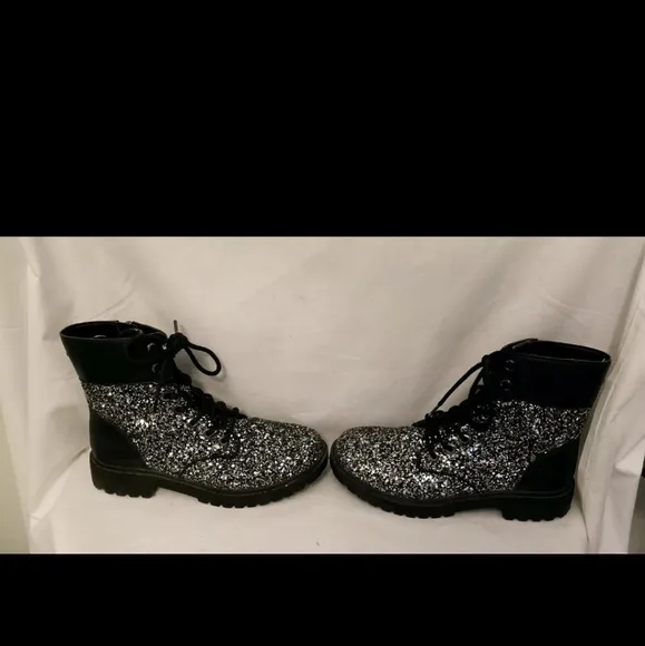 Michael Kors Alistair Black Silver Bootie Chunky Glitter Combat Boots MƘ