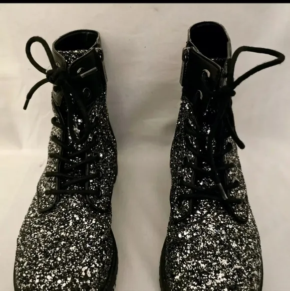 Michael Kors Alistair Black Silver Bootie Chunky Glitter Combat Boots MƘ