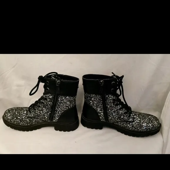 Michael Kors Alistair Black Silver Bootie Chunky Glitter Combat Boots MƘ