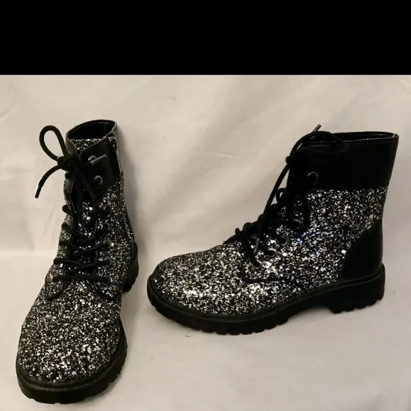 Michael Kors Alistair Black Silver Bootie Chunky Glitter Combat Boots MƘ
