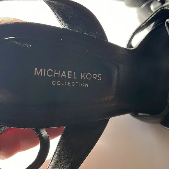 Michael Kors Collection Black Sparkle Block Heel Studded Bow Strap Sandals