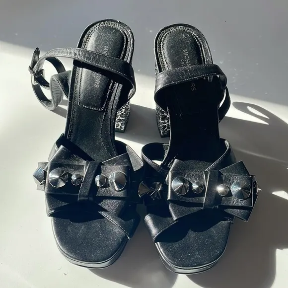 Michael Kors Collection Black Sparkle Block Heel Studded Bow Strap Sandals