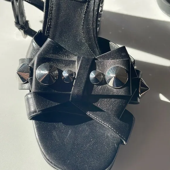 Michael Kors Collection Black Sparkle Block Heel Studded Bow Strap Sandals
