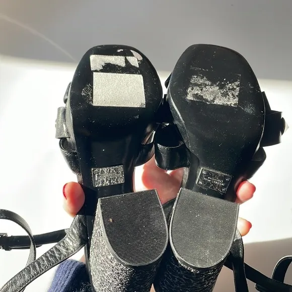 Michael Kors Collection Black Sparkle Block Heel Studded Bow Strap Sandals