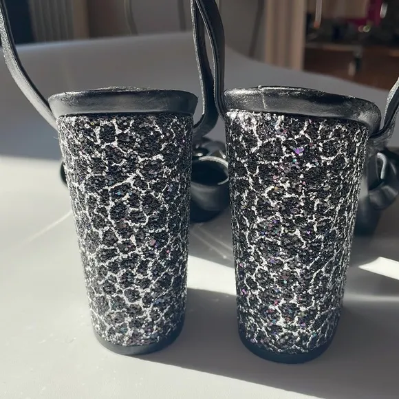Michael Kors Collection Black Sparkle Block Heel Studded Bow Strap Sandals
