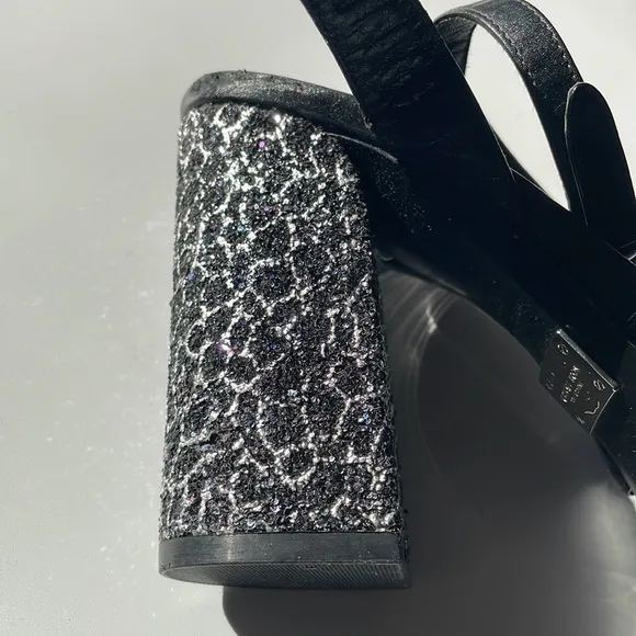 Michael Kors Collection Black Sparkle Block Heel Studded Bow Strap Sandals