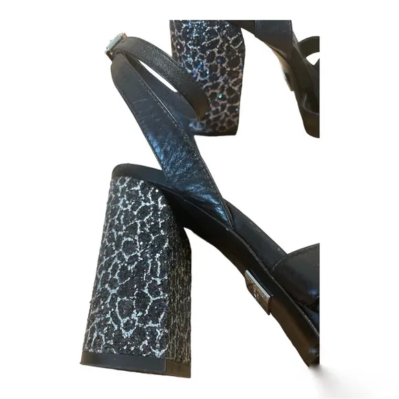 Michael Kors Collection Black Sparkle Block Heel Studded Bow Strap Sandals