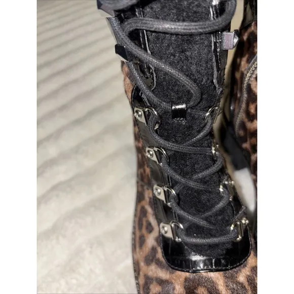 Michael Kors Khloe Leopard Calf Hair Chunky Platform Combat Biker Boots Size 8.5