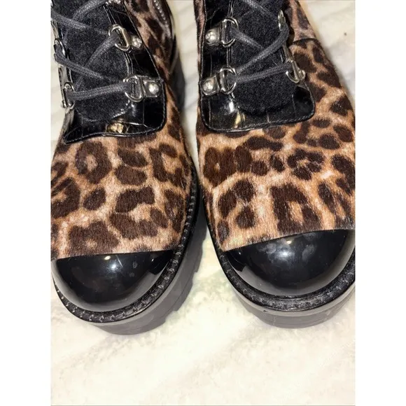 Michael Kors Khloe Leopard Calf Hair Chunky Platform Combat Biker Boots Size 8.5