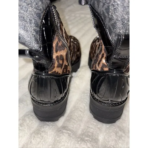 Michael Kors Khloe Leopard Calf Hair Chunky Platform Combat Biker Boots Size 8.5