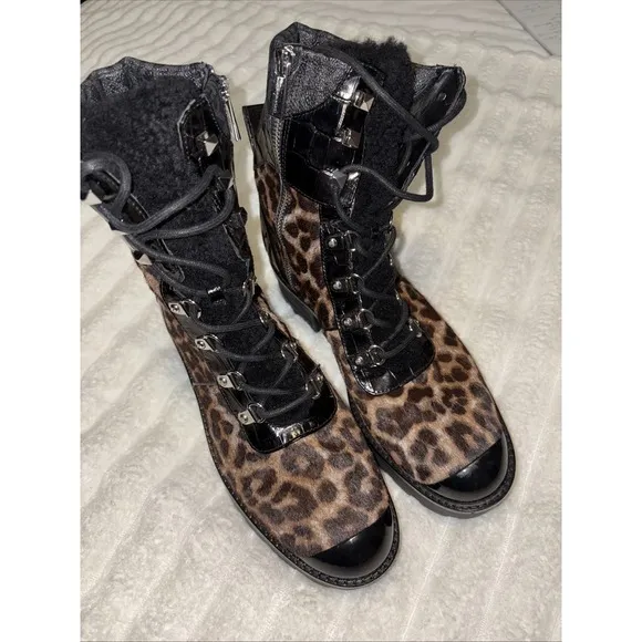 Michael Kors Khloe Leopard Calf Hair Chunky Platform Combat Biker Boots Size 8.5