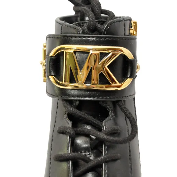 Michael Kors Kincaid Leather Combat Boot Lace Up Bootie Black/Gold All Sizes Nib