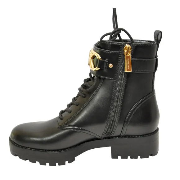 Michael Kors Kincaid Leather Combat Boot Lace Up Bootie Black/Gold All Sizes Nib