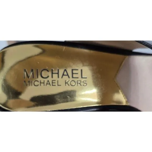Michael KORS ROCHELLE BLACK PATENT GOLD MK LOGO SLINGBACKS 8M