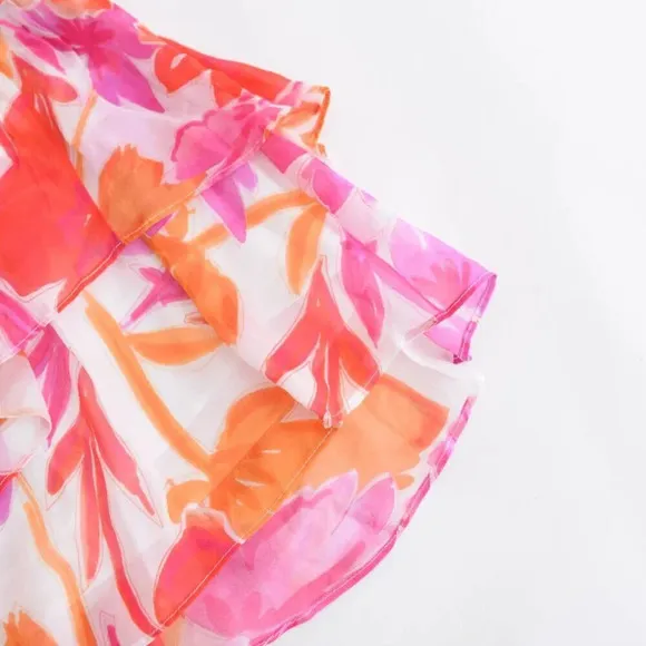 Milly Mira Paper Ruffled Floral Peony Mini Skirt In Orange Multi 8 NWT
