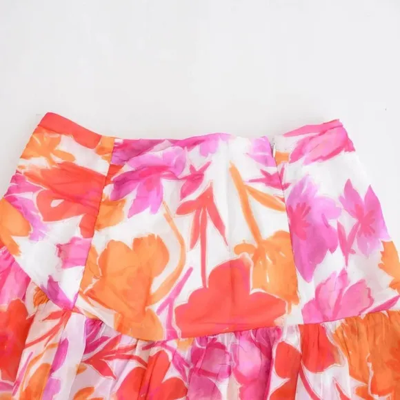 Milly Mira Paper Ruffled Floral Peony Mini Skirt In Orange Multi 8 NWT