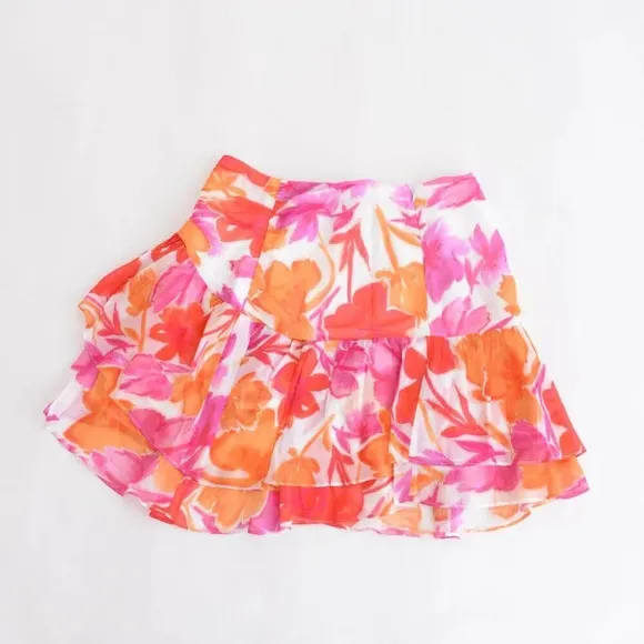 Milly Mira Paper Ruffled Floral Peony Mini Skirt In Orange Multi 8 NWT