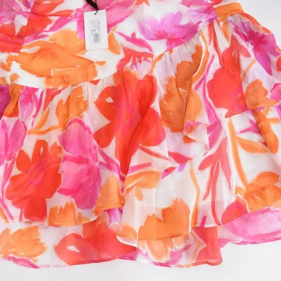 Milly Mira Paper Ruffled Floral Peony Mini Skirt In Orange Multi 8 NWT