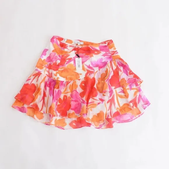 Milly Mira Paper Ruffled Floral Peony Mini Skirt In Orange Multi 8 NWT