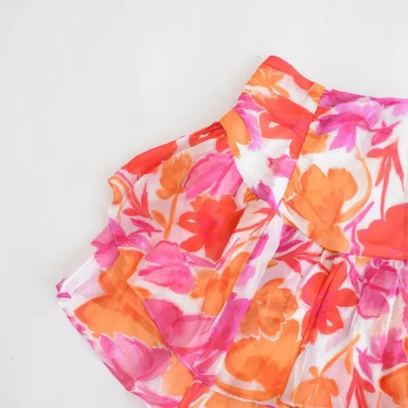 Milly Mira Paper Ruffled Floral Peony Mini Skirt In Orange Multi 8 NWT