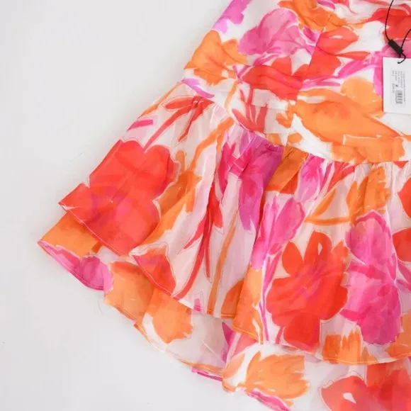 Milly Mira Paper Ruffled Floral Peony Mini Skirt In Orange Multi 8 NWT