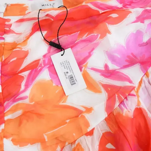 Milly Mira Paper Ruffled Floral Peony Mini Skirt In Orange Multi 8 NWT