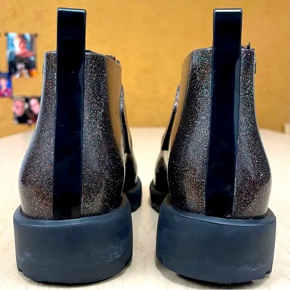 Mini Melissa Chelsea Boots Girls 3 Black Multi Glitter Velcro Water Resistant